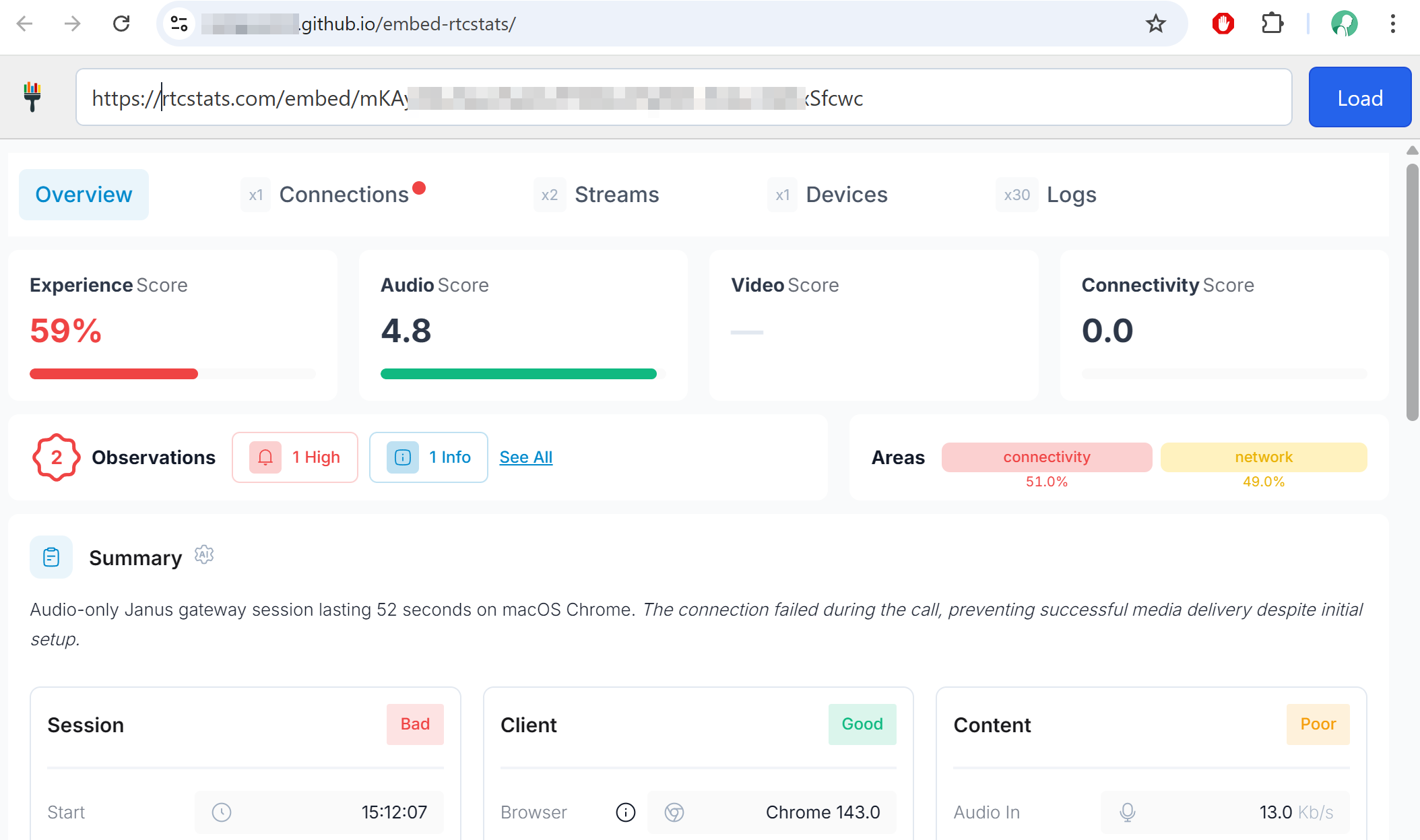 An rtcStats page embedded in a github micro site
